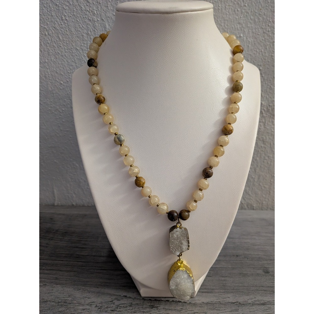 Boho Raw Druzy Quartz Double Pendant Beaded Agate Jasper Necklace Gold Tone